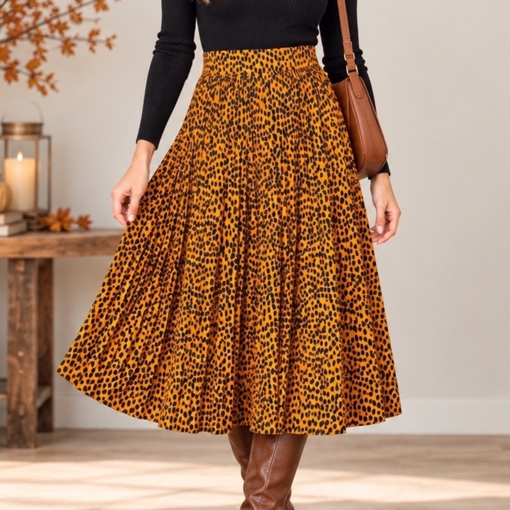 J.Crew NWT 12 Amber Orange Navy Abstract Spot Pleated Skirt Retro Fall Preppy